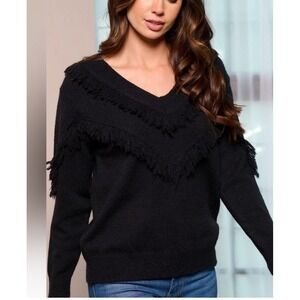 Fringe Trim‎ V Neck Sweater Pullover Knit Top Black Womens Fashion S M L
